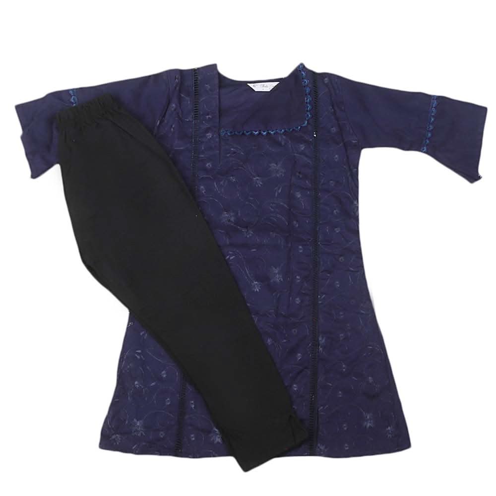 Girls Embroidered Cotton Suit 2 Pcs - Navy Blue, Kids, Girls Sets And Suits, Chase Value, Chase Value
