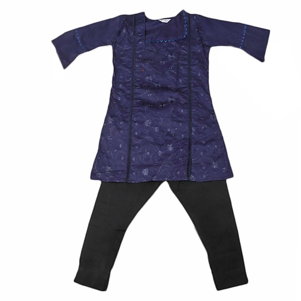 Girls Embroidered Cotton Suit 2 Pcs - Navy Blue, Kids, Girls Sets And Suits, Chase Value, Chase Value