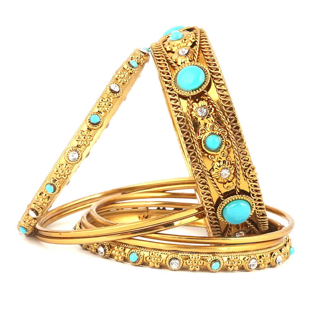 Women's Fancy Bangles 7 Pcs - Golden - Blue - test-store-for-chase-value