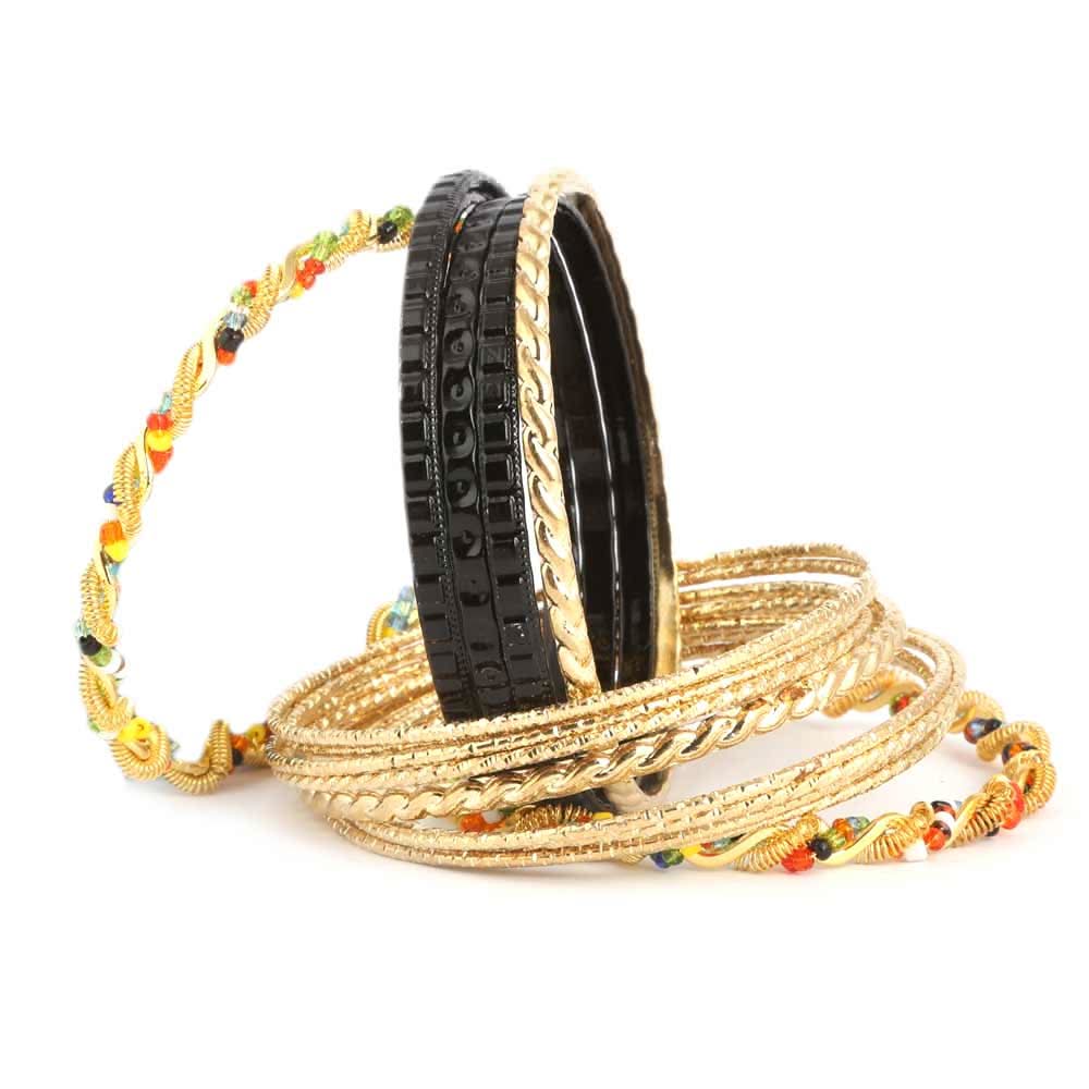 Women's Fancy Bangles 16 Pcs - Golden - Black - test-store-for-chase-value