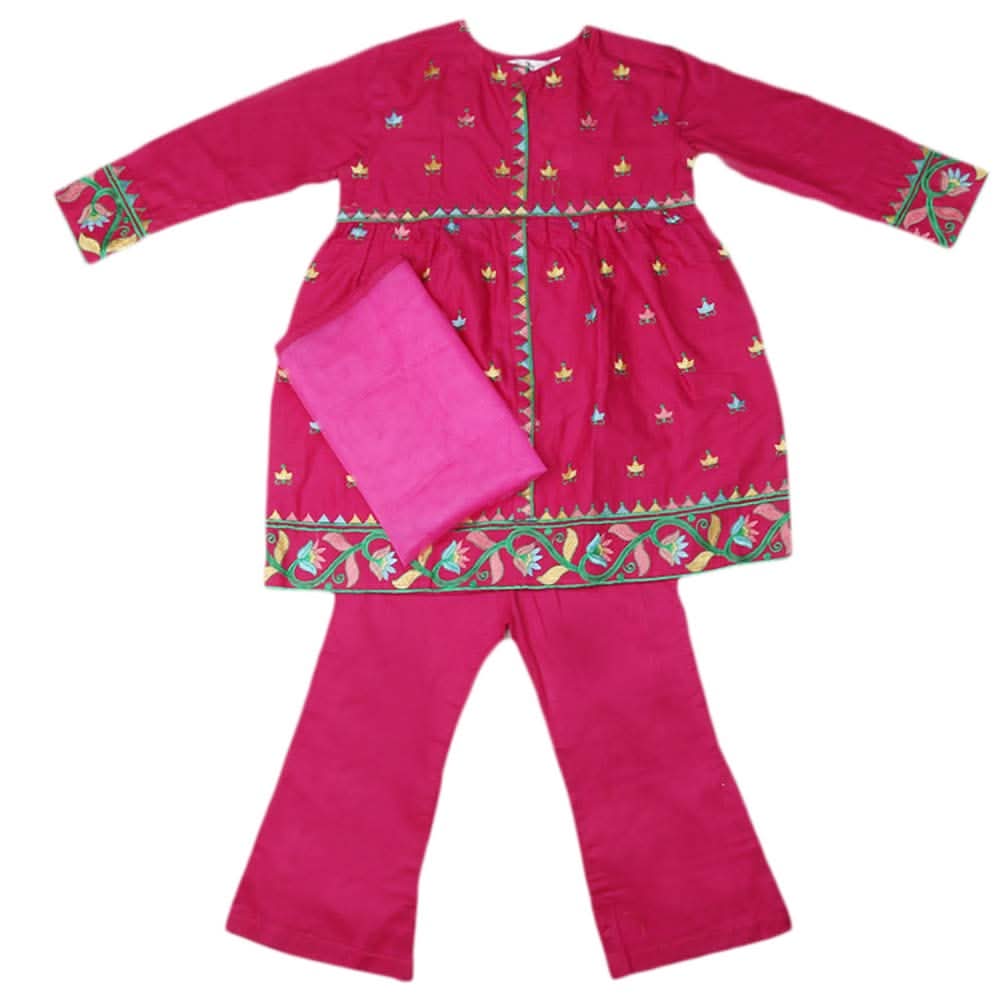 Girls Embroidered Cotton Suit 3 Pcs - Dark Pink, Kids, Girls Sets And Suits, Chase Value, Chase Value