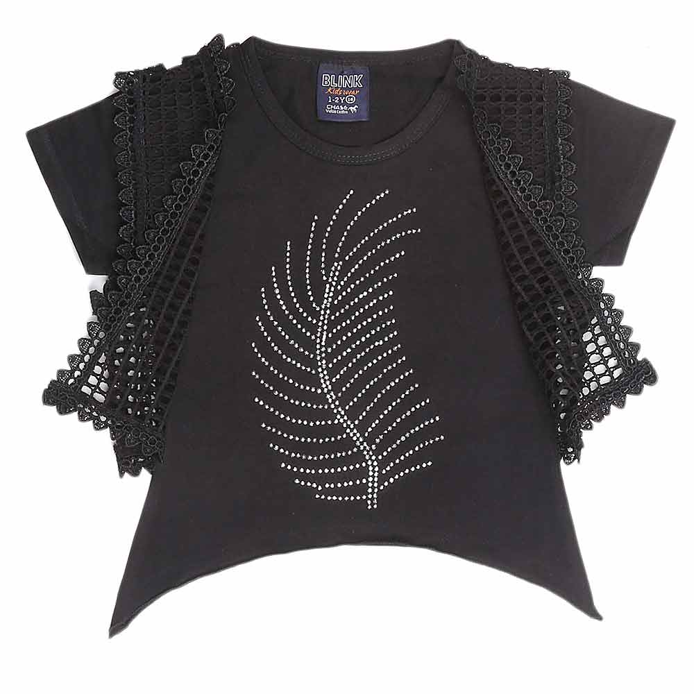 Girls Half Sleeve Fancy T-Shirt 2 Pcs - Black, Kids, Girls T-Shirts, Chase Value, Chase Value