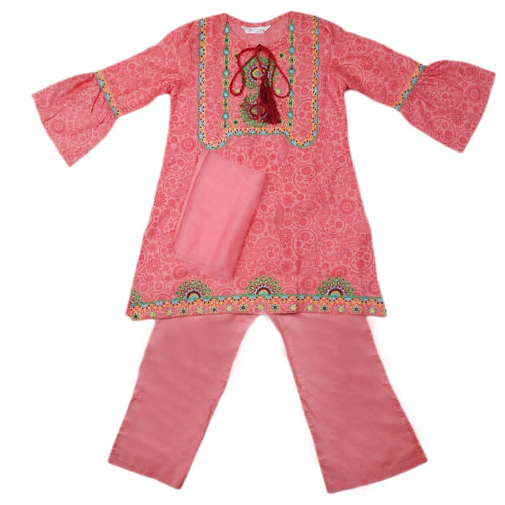 Girls Embroidered Cotton Suit 3 Pcs - Pink, Kids, Girls Sets And Suits, Chase Value, Chase Value