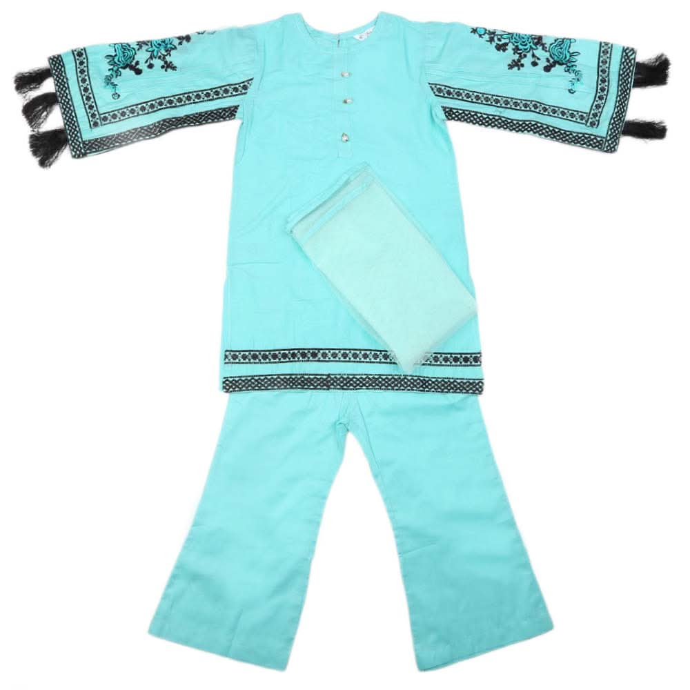 Girls Embroidered Cotton Suit 3 Pcs - Cyan, Kids, Girls Sets And Suits, Chase Value, Chase Value