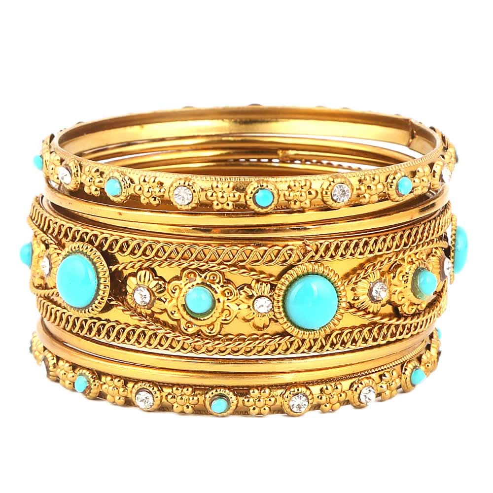 Women's Fancy Bangles 7 Pcs - Golden - Blue - test-store-for-chase-value