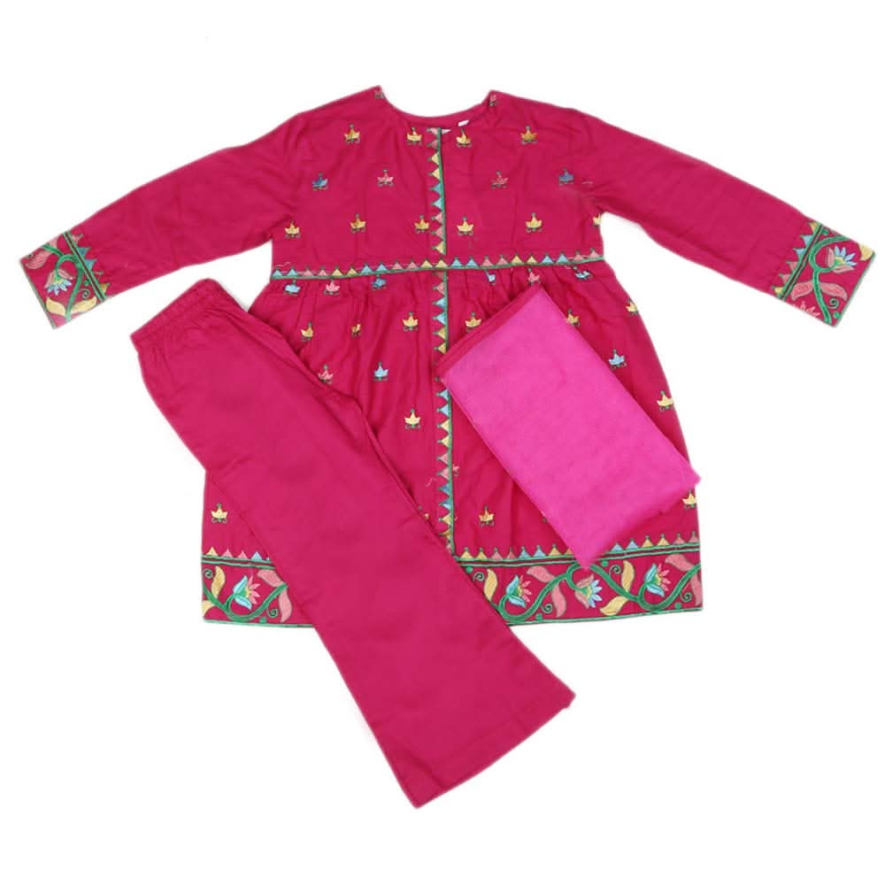 Girls Embroidered Cotton Suit 3 Pcs - Dark Pink, Kids, Girls Sets And Suits, Chase Value, Chase Value