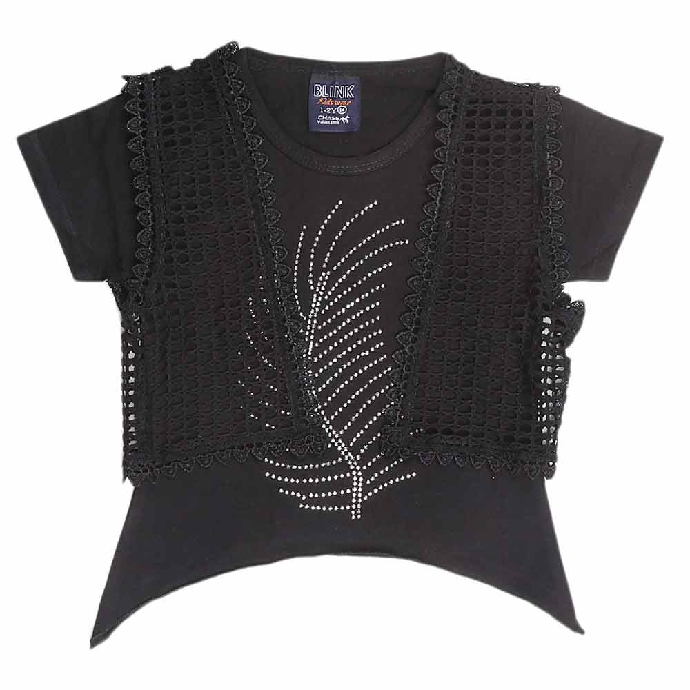 Girls Half Sleeve Fancy T-Shirt 2 Pcs - Black, Kids, Girls T-Shirts, Chase Value, Chase Value