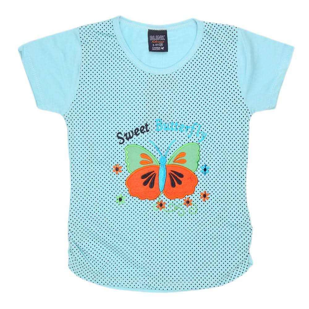 Girls Half Sleeve Embroidered T-Shirt - Cyan, Kids, Girls T-Shirts, Chase Value, Chase Value