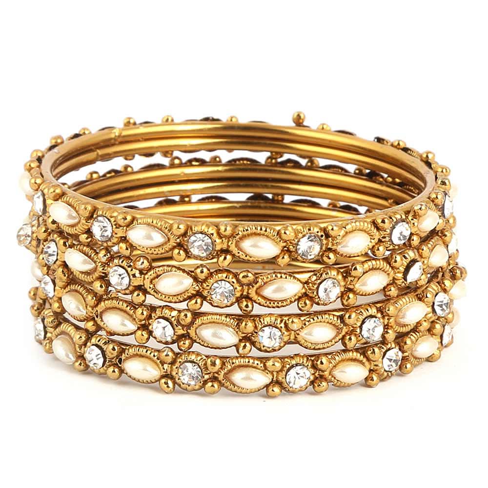 Girl's Fancy Bangles 4 Pcs - Golden - White - test-store-for-chase-value