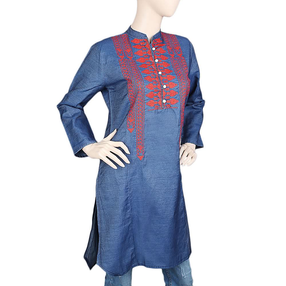 Women's Embroidered Denim Kurti - Blue, Women, Ready Kurtis, Chase Value, Chase Value