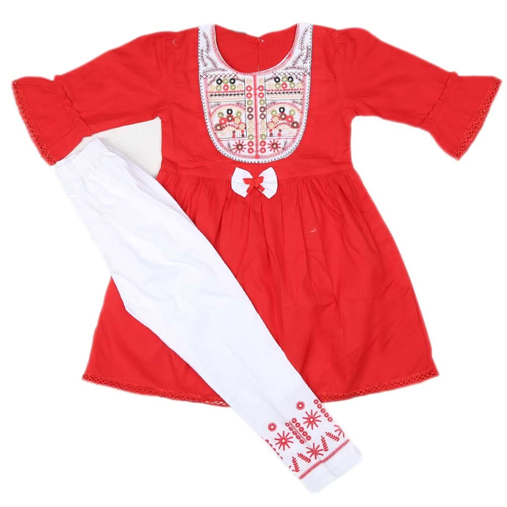 Girls Embroidered Cotton Suit 2 Pcs - Red, Kids, Girls Sets And Suits, Chase Value, Chase Value