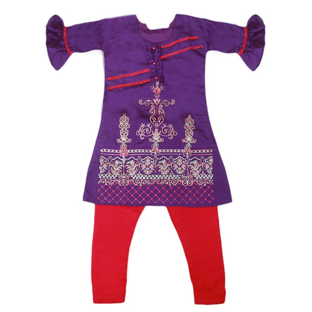 Girls Embroidered Masuri Suit 3 Pcs - Purple, Kids, Girls Sets And Suits, Chase Value, Chase Value