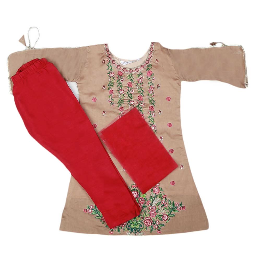 Girls Embroidered Masuri Suit 3 Pcs - Brown, Kids, Girls Sets And Suits, Chase Value, Chase Value