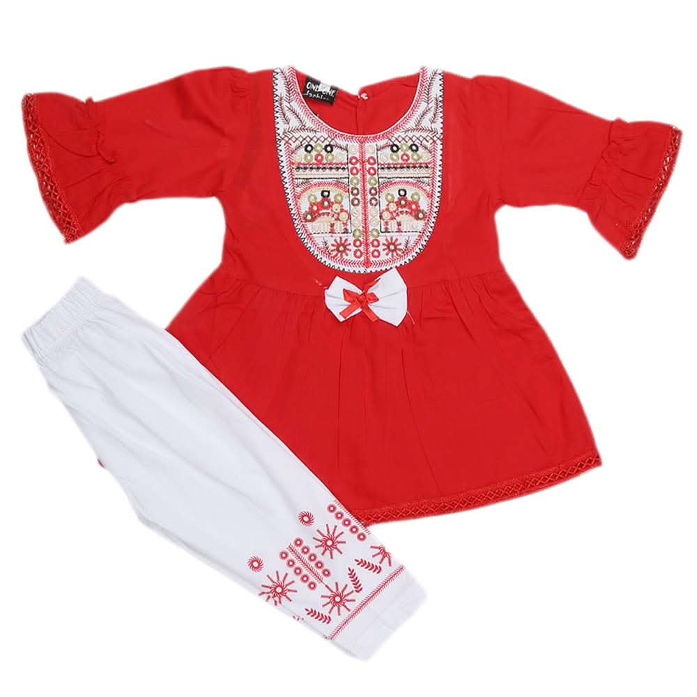 Girls Embroidered Cotton Suit 2 Pcs - Red, Kids, Girls Sets And Suits, Chase Value, Chase Value