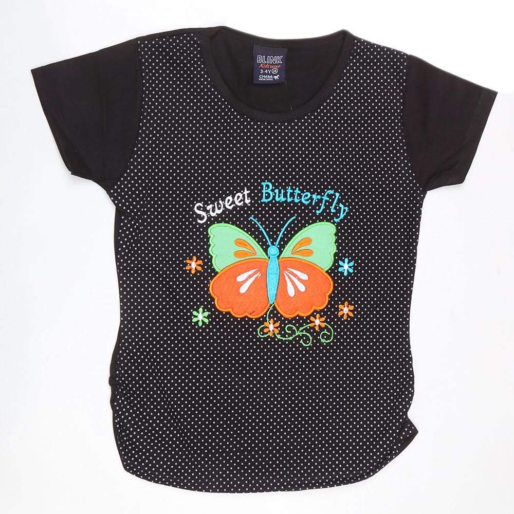 Girls Half Sleeve Embroidered T-Shirt - Black, Kids, Girls T-Shirts, Chase Value, Chase Value