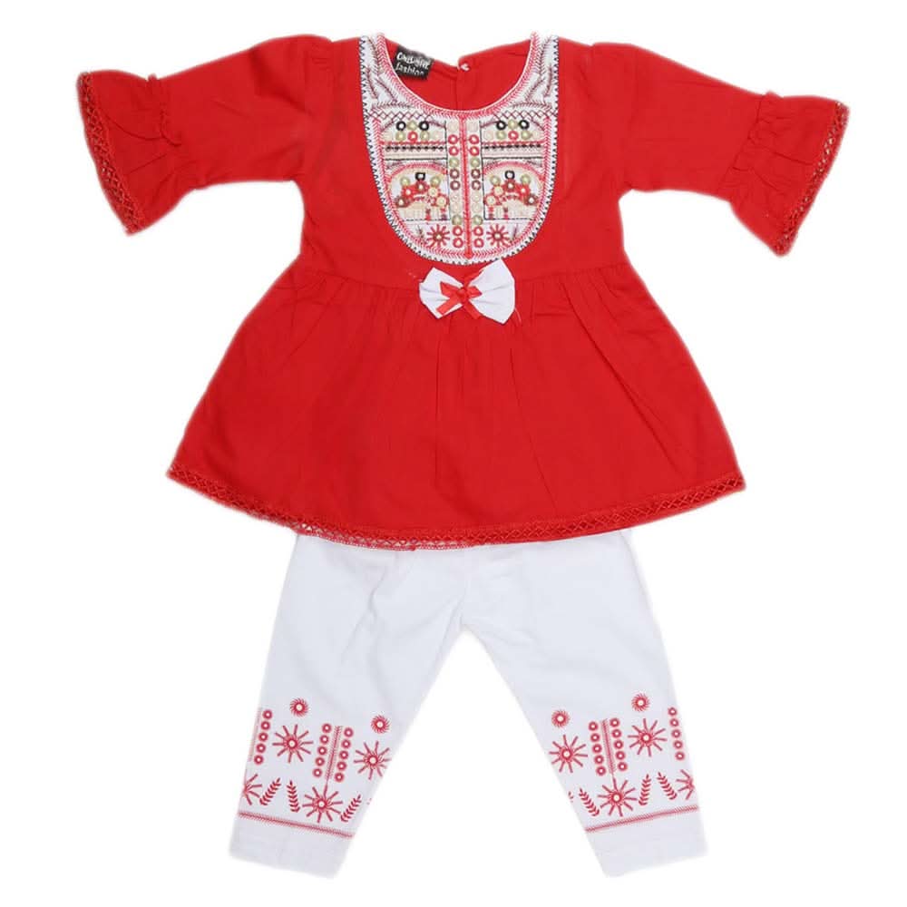 Girls Embroidered Cotton Suit 2 Pcs - Red, Kids, Girls Sets And Suits, Chase Value, Chase Value
