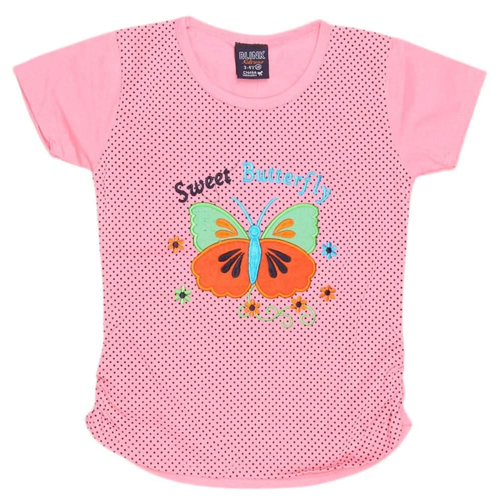 Girls Half Sleeve Embroidered T-Shirt - Pink, Kids, Girls T-Shirts, Chase Value, Chase Value