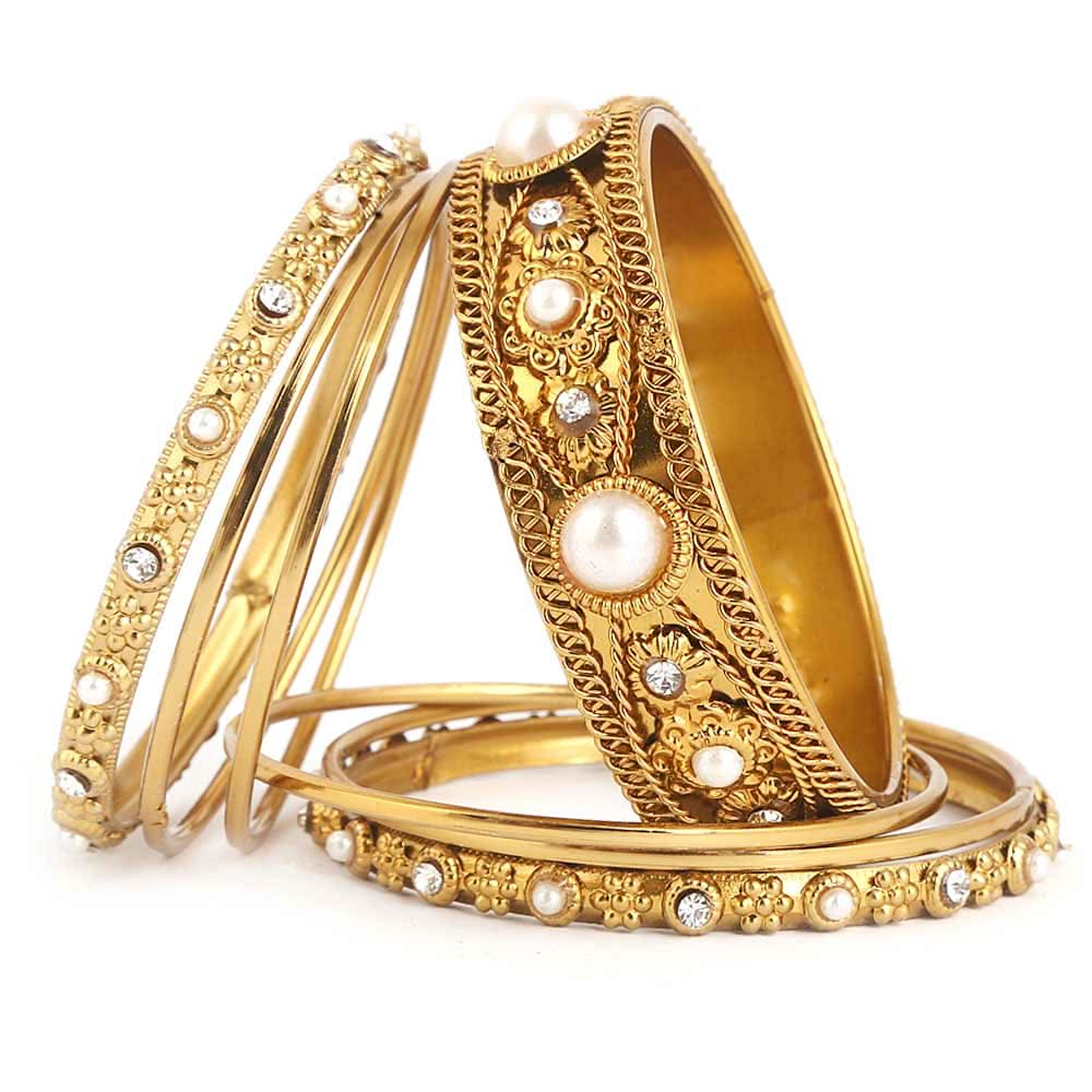 Women's Fancy Bangles 7 Pcs - Golden - White - test-store-for-chase-value