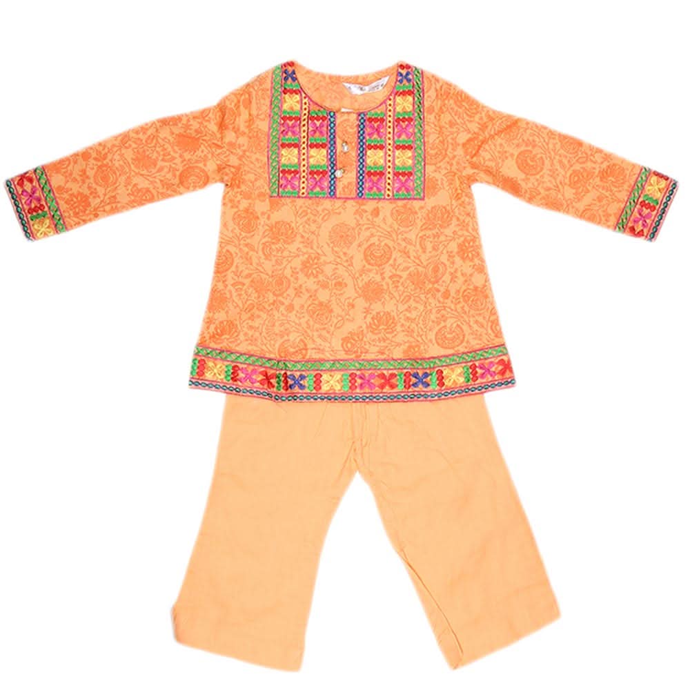 Girls Embroidered Cotton Suit 2 Pcs - Peach, Kids, Girls Sets And Suits, Chase Value, Chase Value