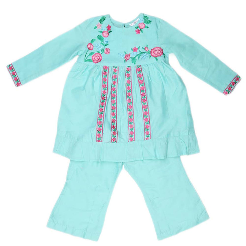 Girls Embroidered Cotton Suit 2 Pcs - Cyan, Kids, Girls Sets And Suits, Chase Value, Chase Value