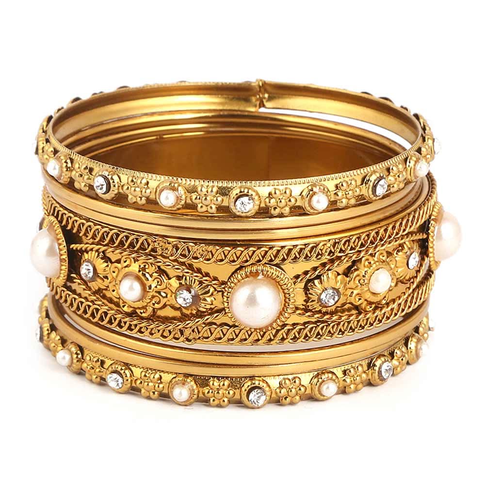 Women's Fancy Bangles 7 Pcs - Golden - White - test-store-for-chase-value