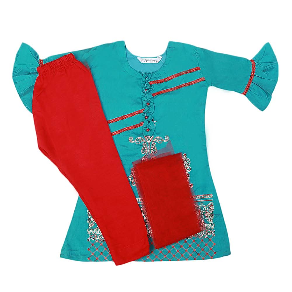 Girls Embroidered Masuri Suit 3 Pcs - Sea Green, Kids, Girls Sets And Suits, Chase Value, Chase Value