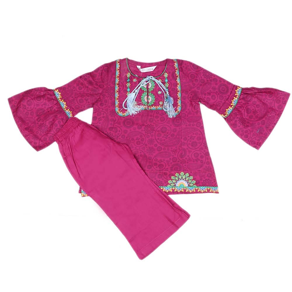 Girls Embroidered Cotton Suit 3 Pcs - Dark Pink, Kids, Girls Sets And Suits, Chase Value, Chase Value