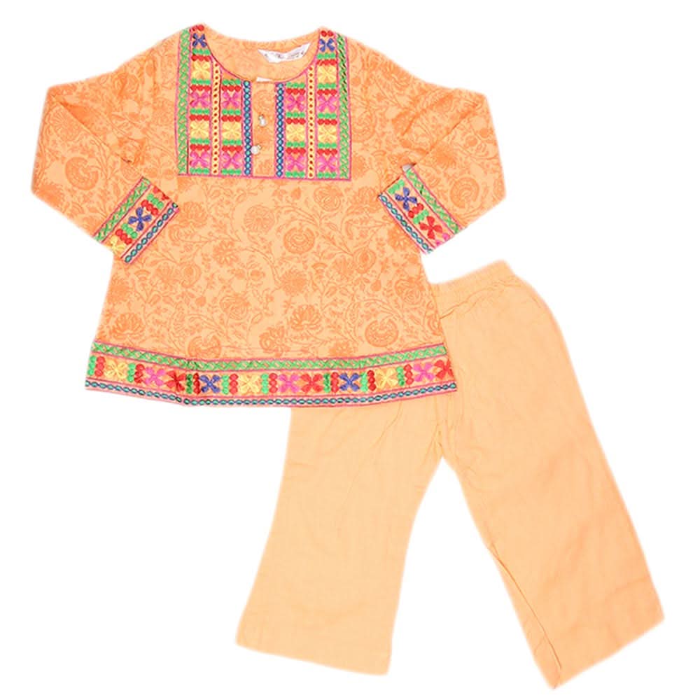 Girls Embroidered Cotton Suit 2 Pcs - Peach, Kids, Girls Sets And Suits, Chase Value, Chase Value