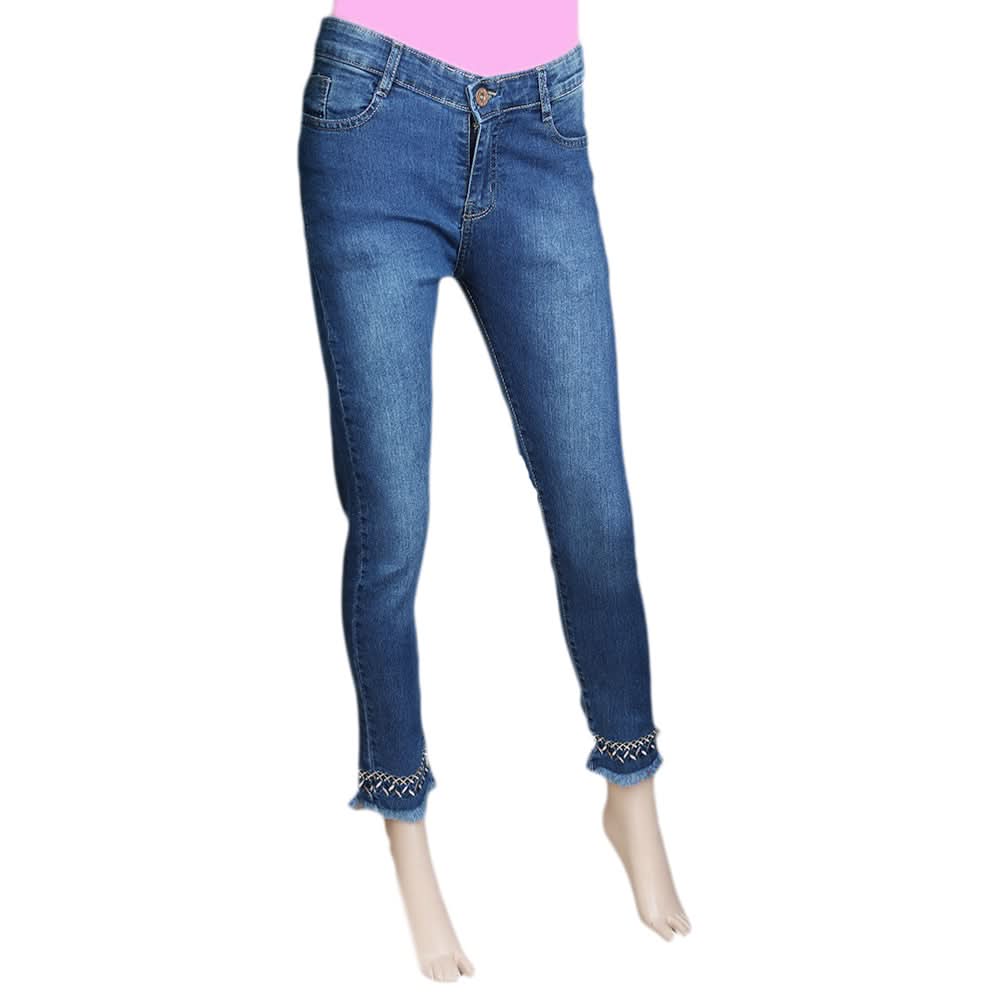 Women's Denim Pant With Emb - Mid-Blue, Women, Pants & Tights, Chase Value, Chase Value