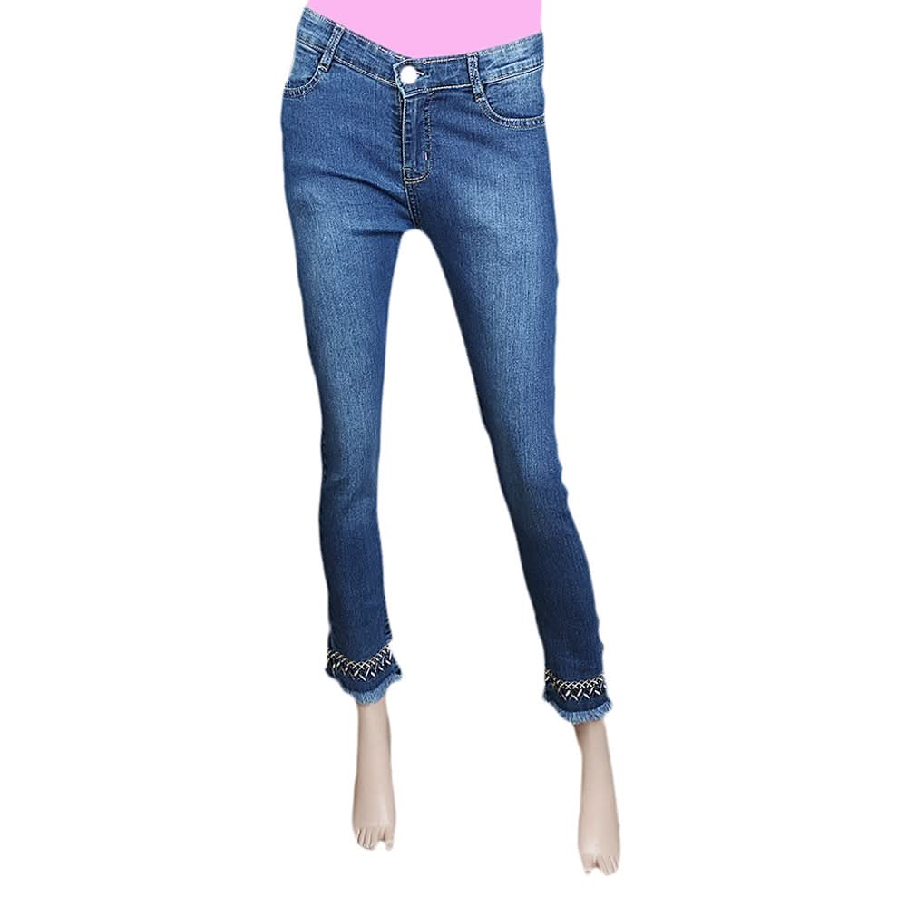 Women's Denim Pant With Emb - Mid-Blue, Women, Pants & Tights, Chase Value, Chase Value