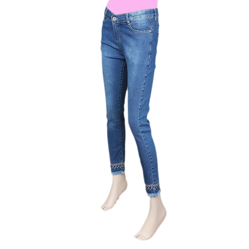Women's Denim Pant With Emb - Mid-Blue, Women, Pants & Tights, Chase Value, Chase Value