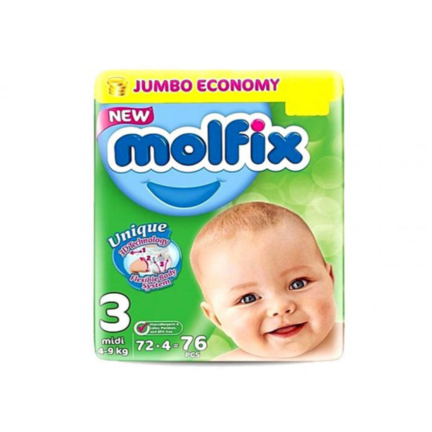 Molfix Baby 3D Diaper 3 Midi 72 Pcs (4-9 Kg), Kids, Diapers, Chase Value, Chase Value