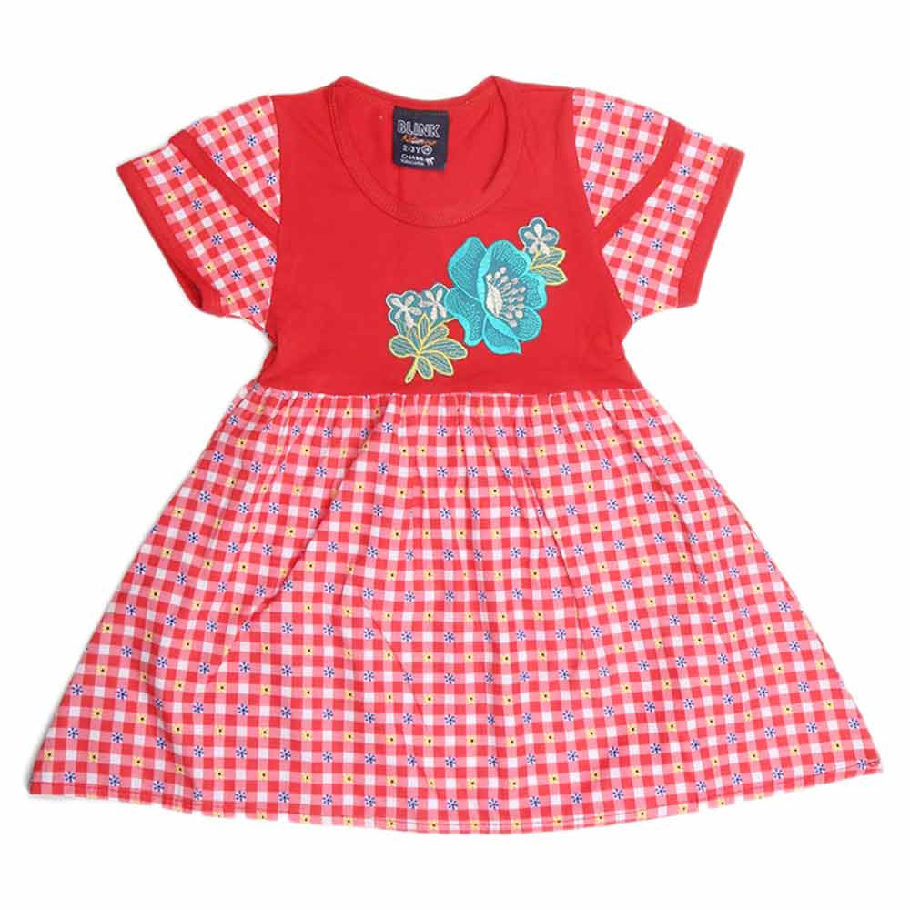 Girls Half Sleeve Fancy Frock - Red - test-store-for-chase-value