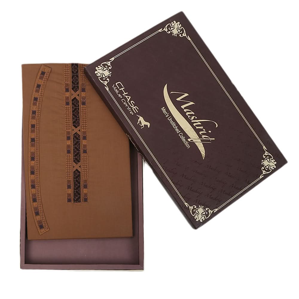 Men's Mashriq Embroidered Un-Stitched Suit - Dark Brown, Men, Unstitched Fabric, Chase Value, Chase Value