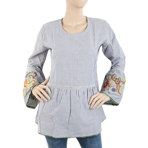 Women's Western Top With Embroidered Sleeve & Lace - Dark Grey, Women, T-Shirts And Tops, Chase Value, Chase Value