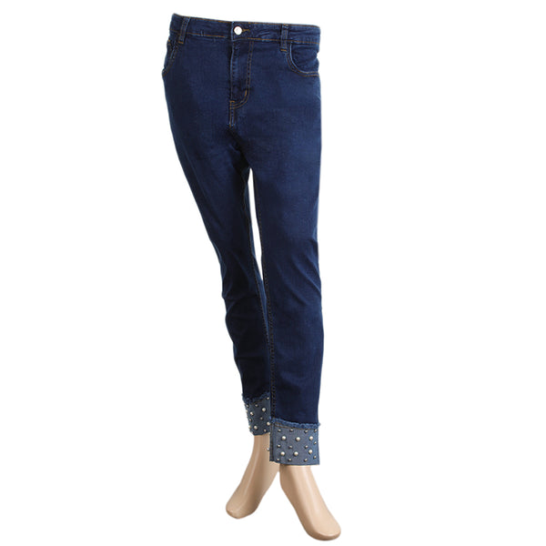 Women's Denim Pant With Pearls - Dark Blue, Women Pants & Tights, Chase Value, Chase Value