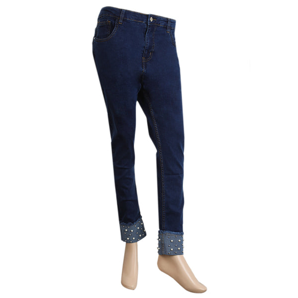 Women's Denim Pant With Pearls - Dark Blue, Women Pants & Tights, Chase Value, Chase Value