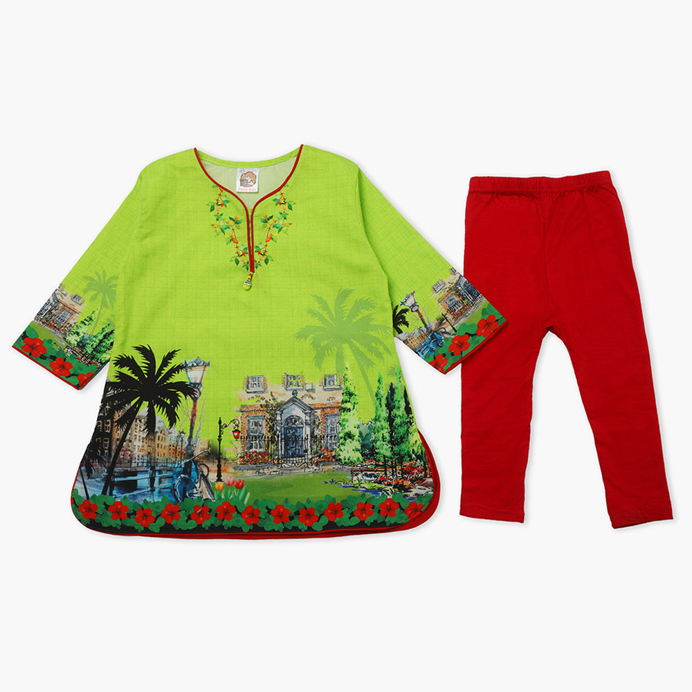 Girls Half Sleeves Tights Suit - Green, Girls Suits, Chase Value, Chase Value