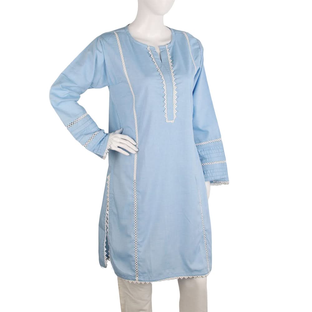 Women's Kurti With Lace - Sky Blue, Women Ready Kurtis, Chase Value, Chase Value