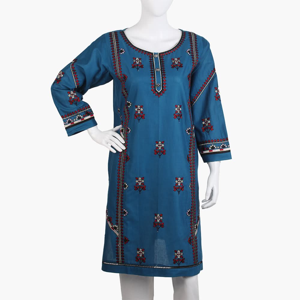 Women's Embroidered Kurti - Steel Blue, Women Ready Kurtis, Chase Value, Chase Value