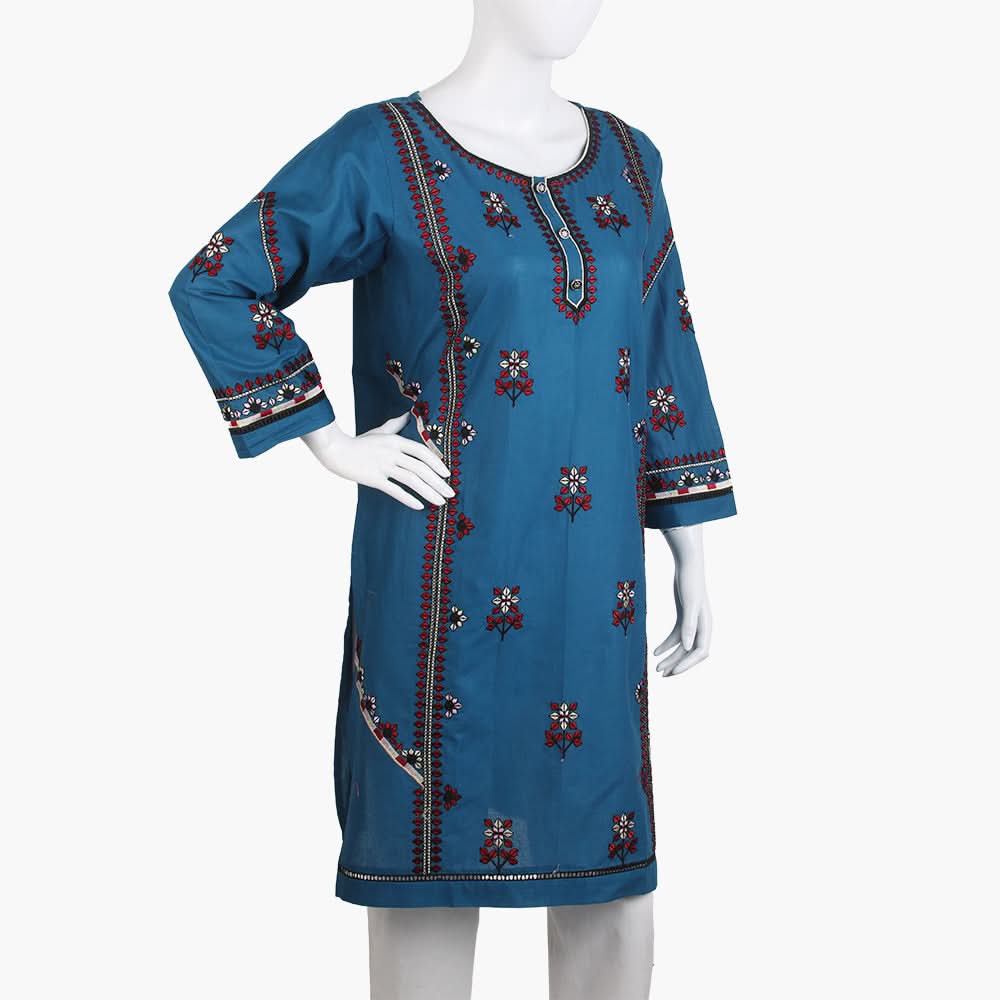 Women's Embroidered Kurti - Steel Blue, Women Ready Kurtis, Chase Value, Chase Value