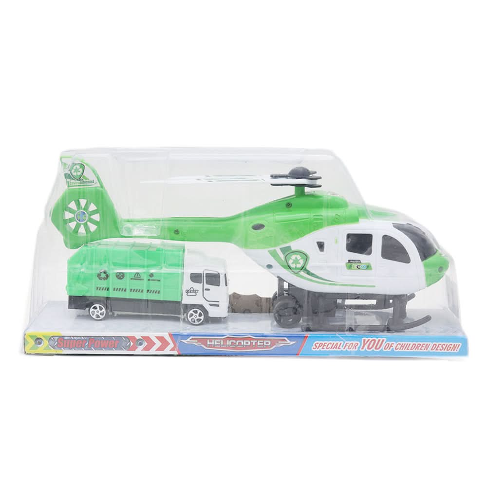 Pull Back Helicopter With Free Wheel Truck Pvc Platform 1617 - Green, Kids, Non-Remote Control, Chase Value, Chase Value