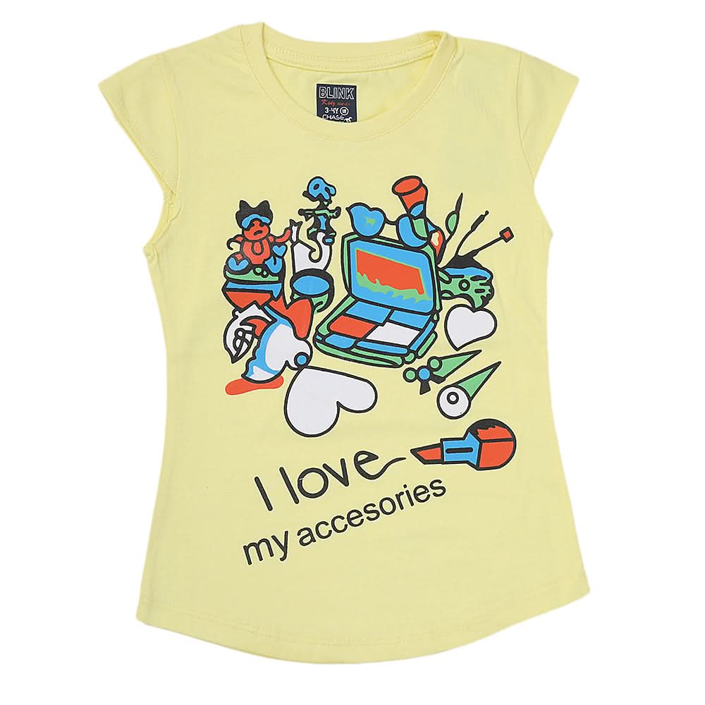 Girls Printed Half Sleeves T-Shirt 4703 - Yellow, Kids, Girls T-Shirts, Chase Value, Chase Value