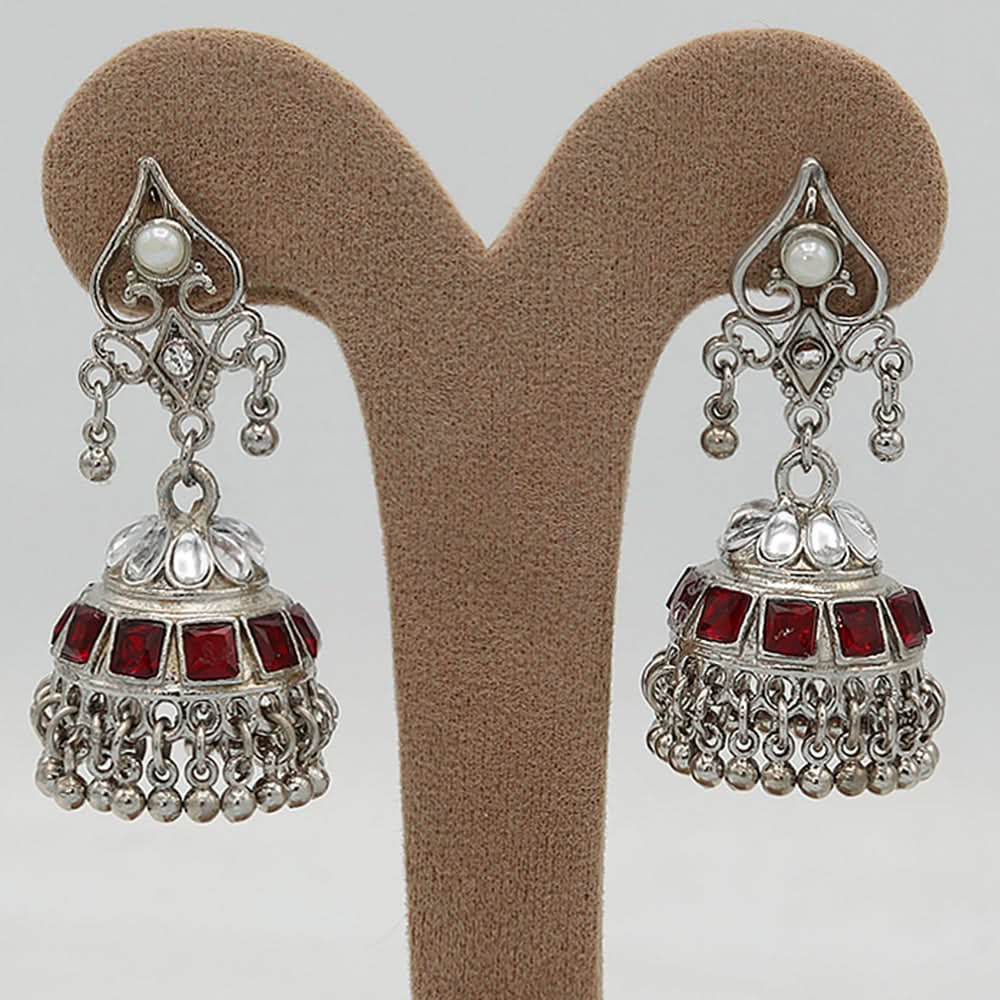 Women's Choki Jhumki 4X4 - Silver & Red, Women, Earrings & Tops, Chase Value, Chase Value