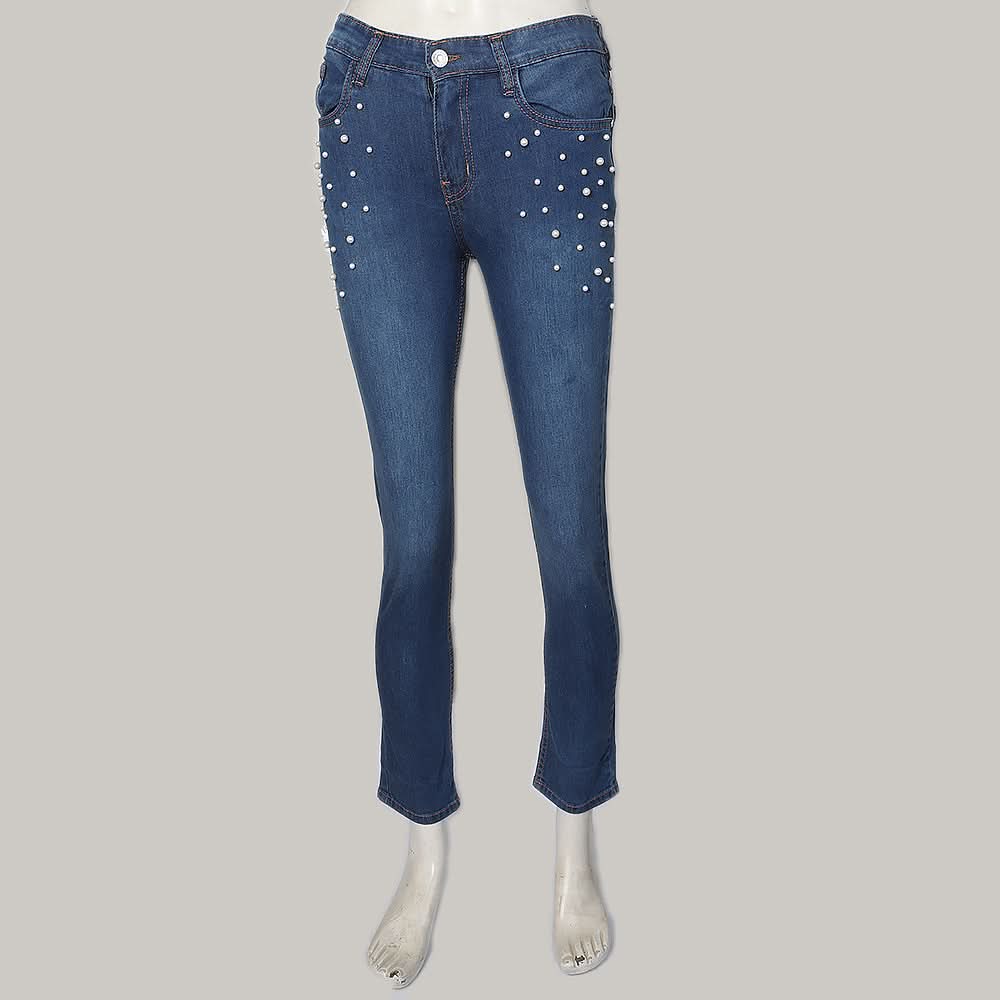 Women's Pearls Denim Pant - Mid Blue, Women, Pants & Tights, Chase Value, Chase Value