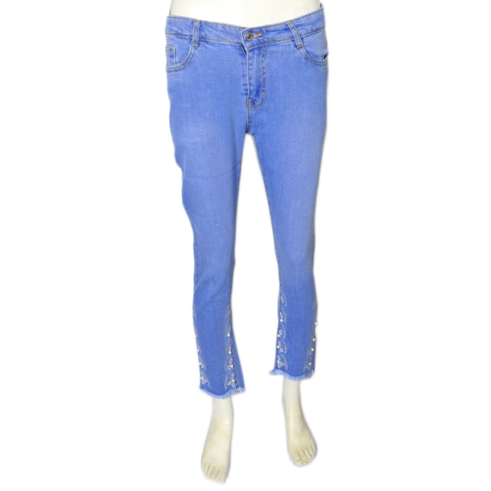Women's Pearls & Embroidered Bottom Denim Pant - Dark Blue, Women, Pants & Tights, Chase Value, Chase Value