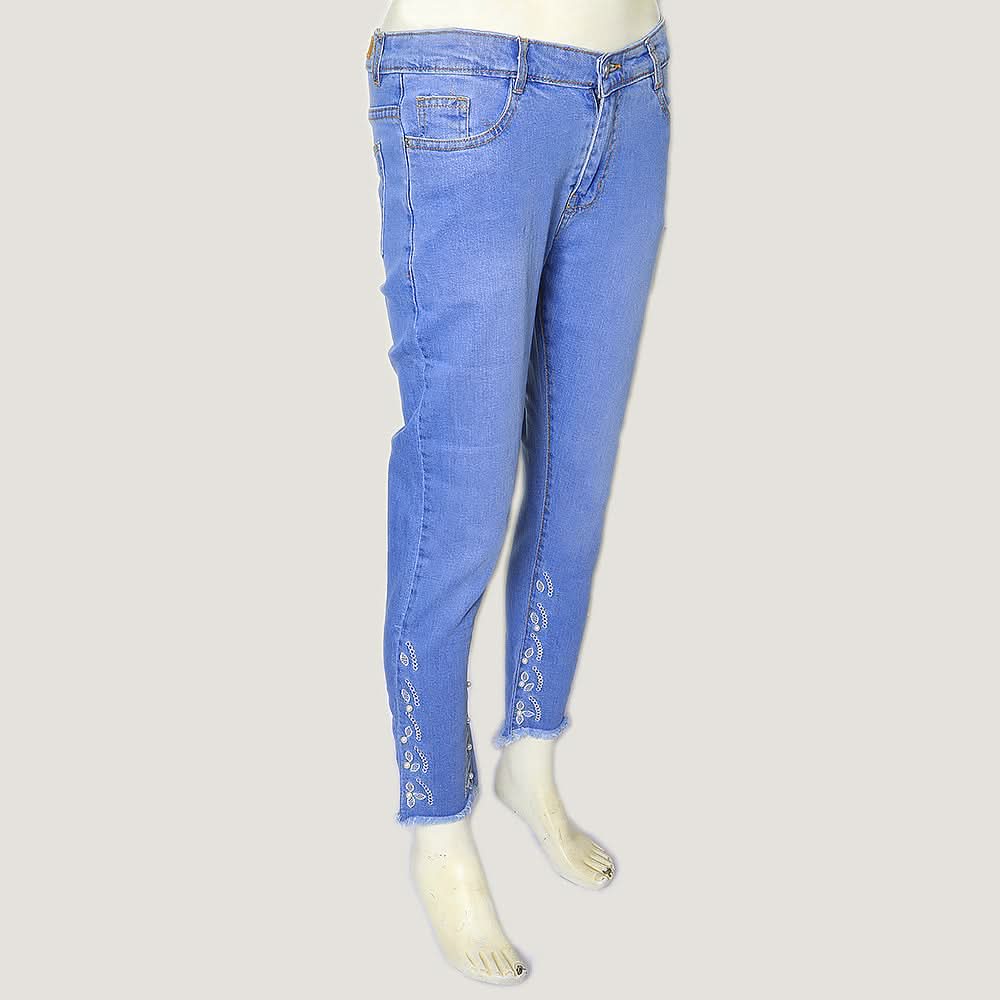 Women's Pearls & Embroidered Bottom Denim Pant - Dark Blue, Women, Pants & Tights, Chase Value, Chase Value