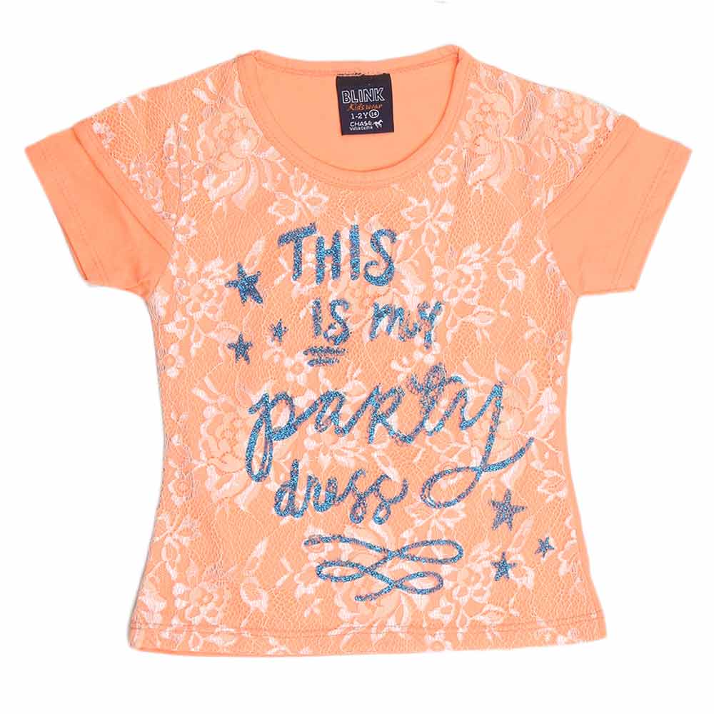 Girls Half Sleeve Glitter T-Shirt - Peach - test-store-for-chase-value