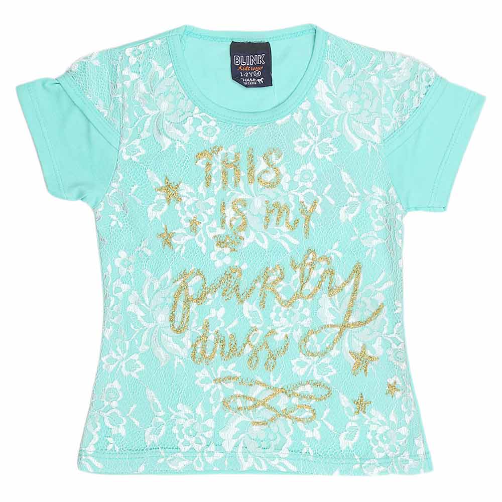 Girls Half Sleeve Glitter T-Shirt - Cyan - test-store-for-chase-value