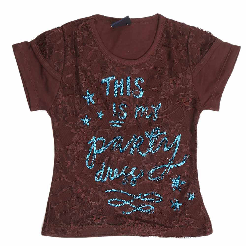 Girls Half Sleeve Glitter T-Shirt - Dark Brown - test-store-for-chase-value